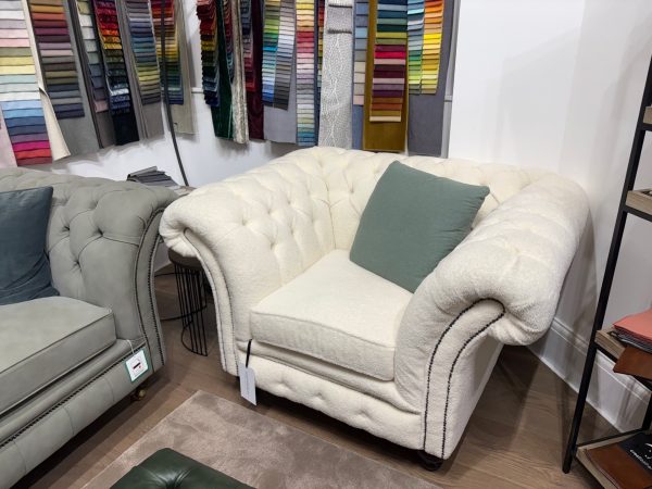 Drummond Chesterfield Chair in Luxury Cream Boucle Fabric.