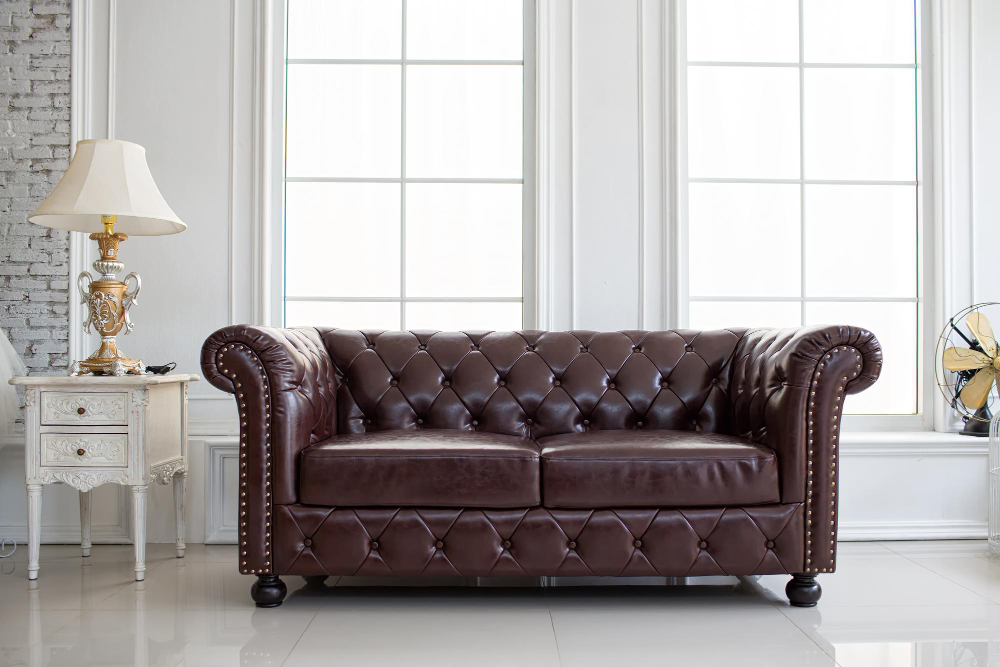 Chesterfield Leather Sofa in All-White Living Room