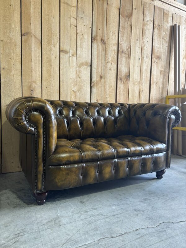 PAIR of Kensington 2-Seat Chesterfields - Luxury Coil Spring Base -  Antique Harvest Gold Leather - Image 7