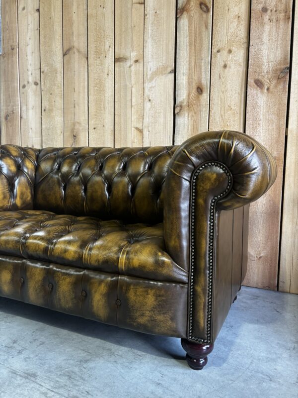 PAIR of Kensington 2-Seat Chesterfields - Luxury Coil Spring Base -  Antique Harvest Gold Leather - Image 3
