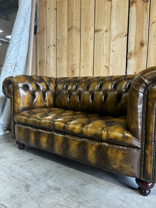 PAIR of Kensington 2-Seat Chesterfields - Luxury Coil Spring Base -  Antique Harvest Gold Leather - Image 14