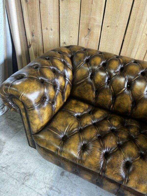 PAIR of Kensington 2-Seat Chesterfields - Luxury Coil Spring Base -  Antique Harvest Gold Leather - Image 10