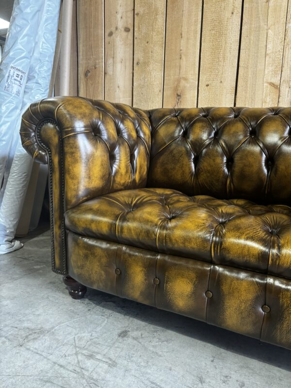 PAIR of Kensington 2-Seat Chesterfields - Luxury Coil Spring Base -  Antique Harvest Gold Leather - Image 11