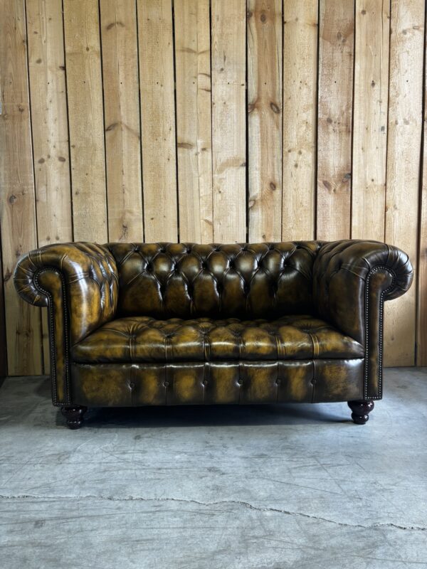 PAIR of Kensington 2-Seat Chesterfields - Luxury Coil Spring Base -  Antique Harvest Gold Leather