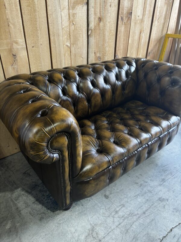 PAIR of Kensington 2-Seat Chesterfields - Luxury Coil Spring Base -  Antique Harvest Gold Leather - Image 5