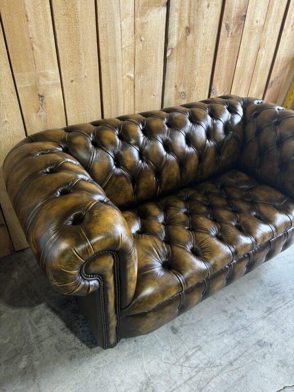 PAIR of Kensington 2-Seat Chesterfields - Luxury Coil Spring Base -  Antique Harvest Gold Leather - Image 12