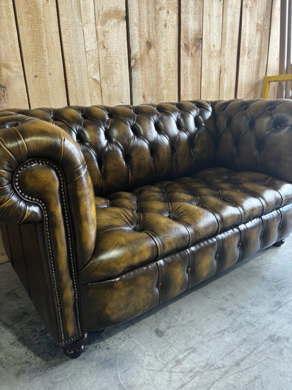 PAIR of Kensington 2-Seat Chesterfields - Luxury Coil Spring Base -  Antique Harvest Gold Leather - Image 6