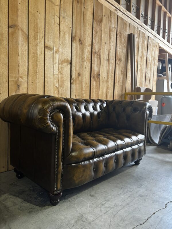 UK Stock - PAIR of Kensington 2-Seat Chesterfields - Luxury Coil Spring Base -  Antique Harvest Gold Leather - Image 4