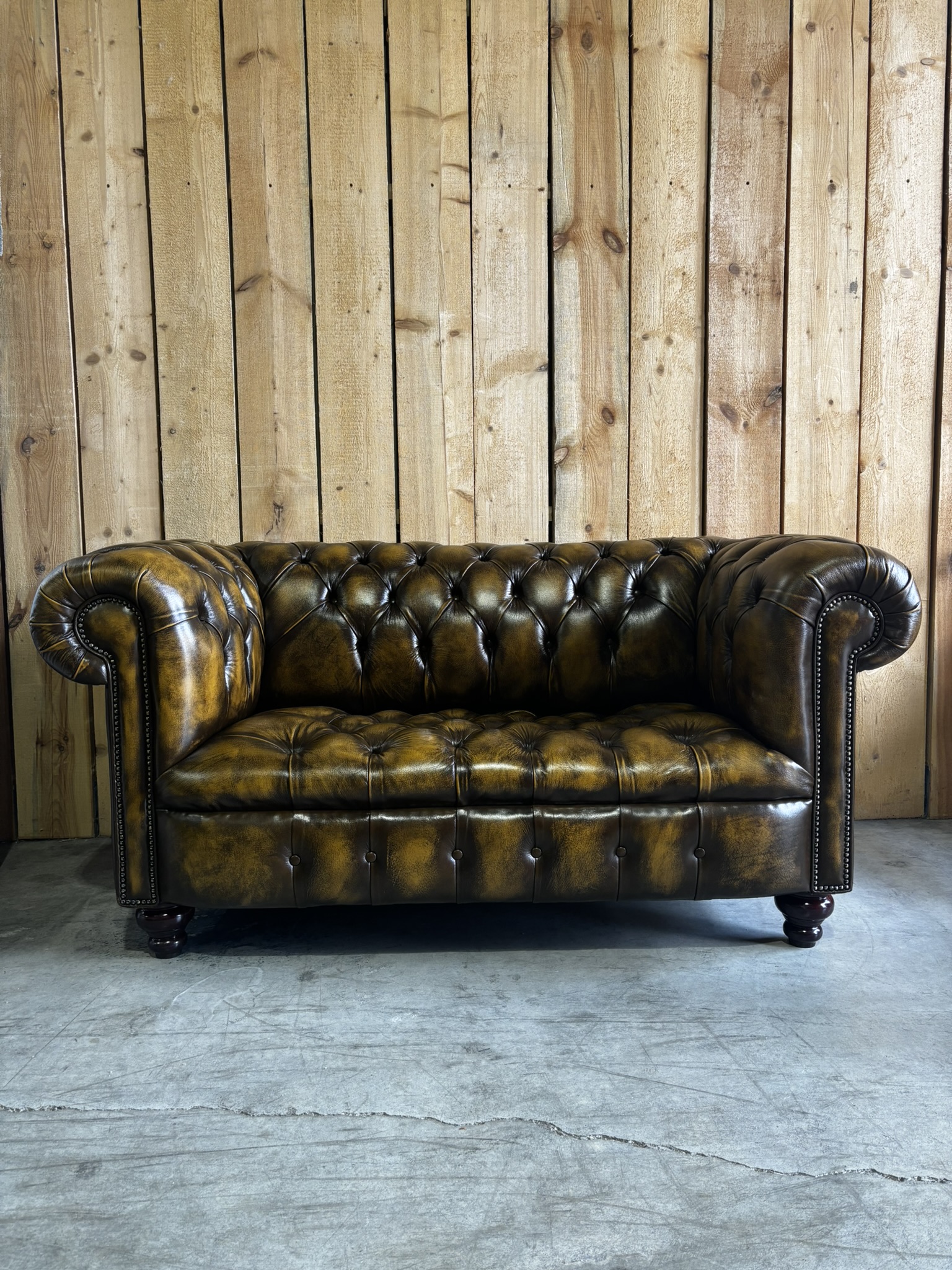 Photo of UK Stock – PAIR of Kensington 2-Seat Chesterfields – Luxury Coil Spring Base –  Antique Harvest Gold Leather